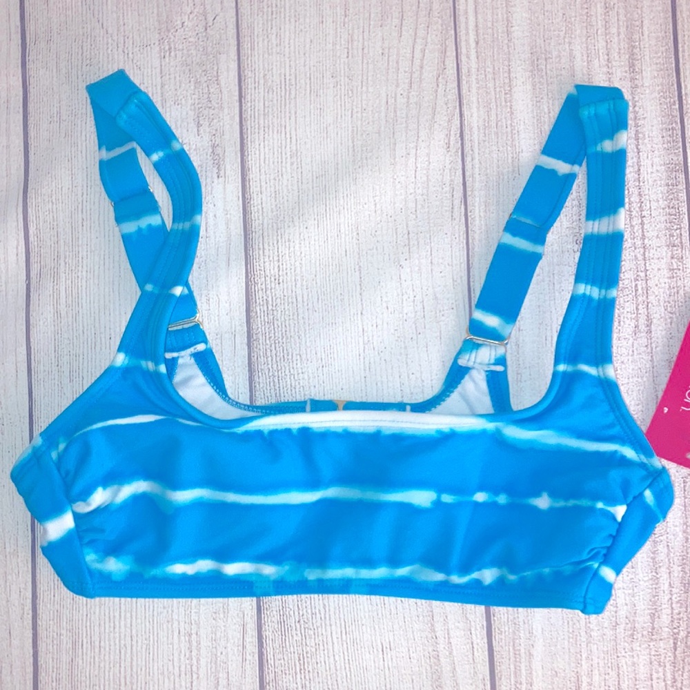 Blue and white tie-dye bikini top